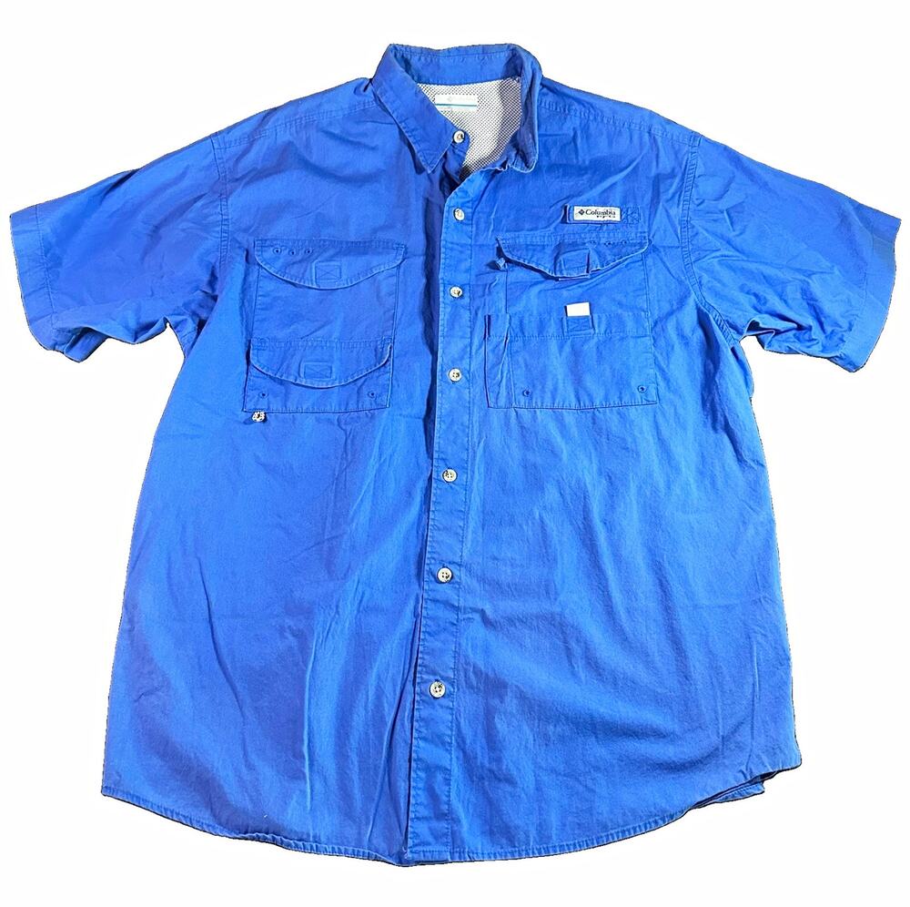 Columbia Men’s M Blue Solid Short Sleeve Point Collar Button-Up Shirt Pockets